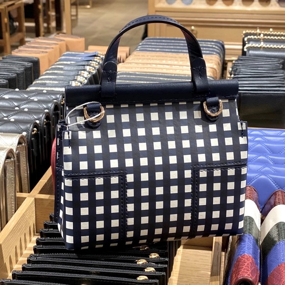 NWT Tory Burch Outlet Block-T Mini Satchel Royal Navy Check Pattern - Picture 2 of 6